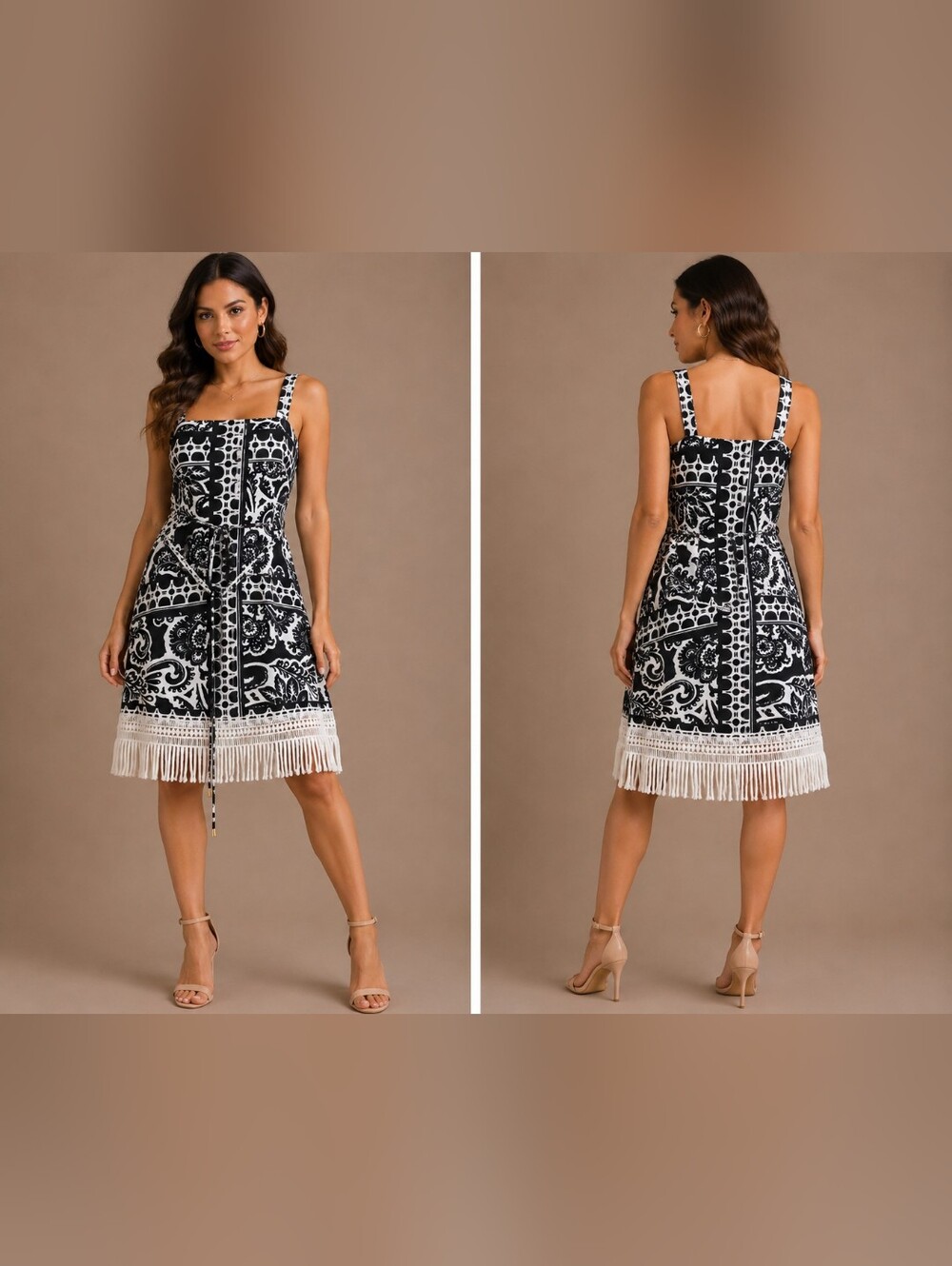 Tahari ASL Black and White Fringe Shift Dress